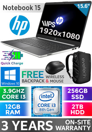 HP 15 Core i3 Laptop 7DQ51EA With 256GB SSD And 12GB RAM | Evetech