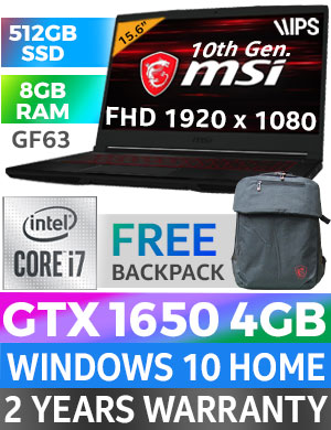 MSI GF63 Thin 10SCXR Core i7 GTX 1650 Gaming Laptop | Evetech